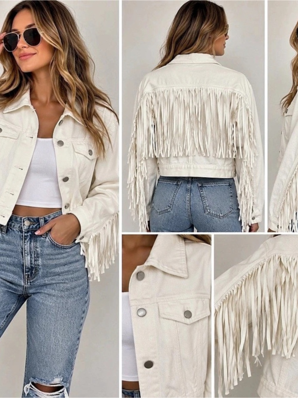 Le Lis Fringe Denim Jacket in White Size Small NWT